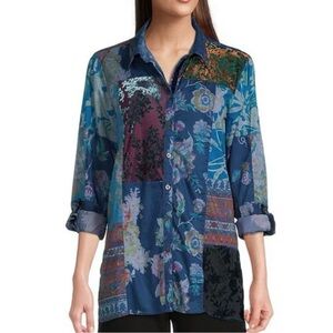 John Mark Button Down Patchwork Shirt Blue Art To Wear Mixed Media Velvet Sz L